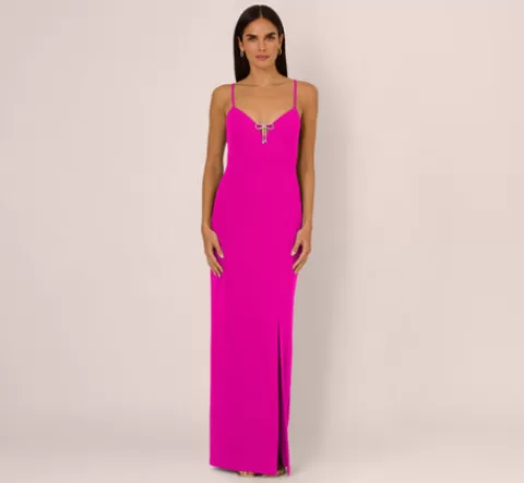 Adrianna Papell Sleeveless Knit Crepe Rhinestone Bow Column Gown In Pink Flame PINKFLAME Shop