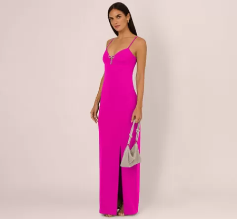 Adrianna Papell Sleeveless Knit Crepe Rhinestone Bow Column Gown In Pink Flame PINKFLAME Shop