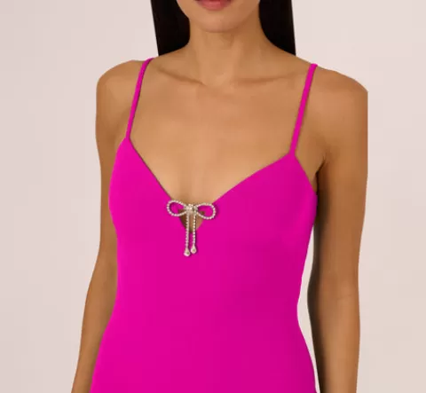 Adrianna Papell Sleeveless Knit Crepe Rhinestone Bow Column Gown In Pink Flame PINKFLAME Shop