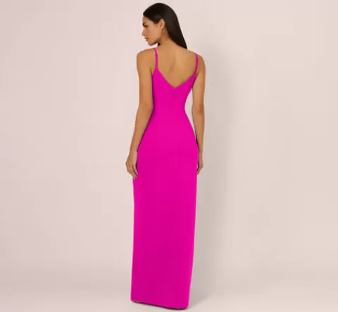 Adrianna Papell Sleeveless Knit Crepe Rhinestone Bow Column Gown In Pink Flame PINKFLAME Shop