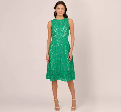 Adrianna Papell Sleeveless Lace Fit And Flare Dress With Sheer Details In Botanic Green BOTANICGREEN Best Sale