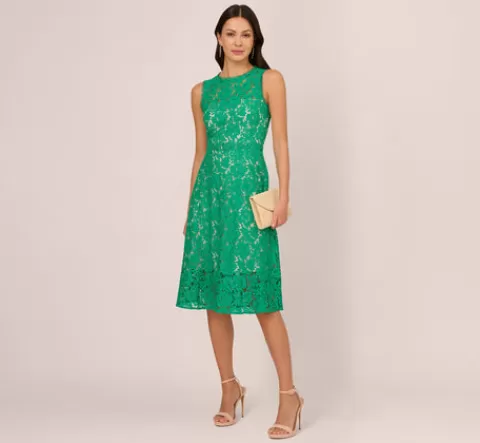 Adrianna Papell Sleeveless Lace Fit And Flare Dress With Sheer Details In Botanic Green BOTANICGREEN Best Sale