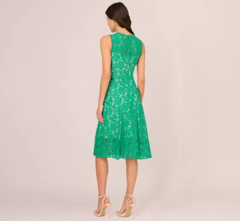 Adrianna Papell Sleeveless Lace Fit And Flare Dress With Sheer Details In Botanic Green BOTANICGREEN Best Sale