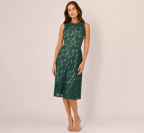 Adrianna Papell Sleeveless Lace Fit And Flare Dress With Sheer Details In HUNTER Cheap