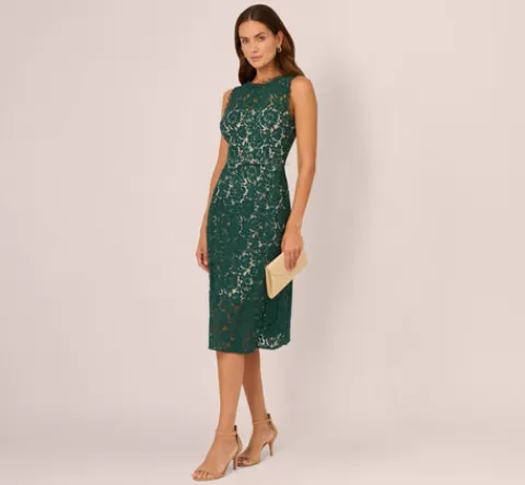 Adrianna Papell Sleeveless Lace Fit And Flare Dress With Sheer Details In HUNTER Cheap