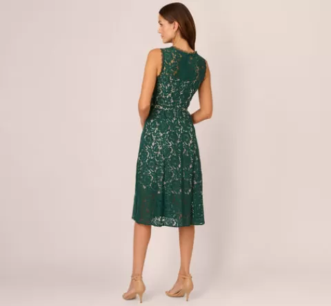 Adrianna Papell Sleeveless Lace Fit And Flare Dress With Sheer Details In HUNTER Cheap