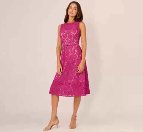 Adrianna Papell Sleeveless Lace Fit And Flare Dress With Sheer Details In ORCHID Flash Sale