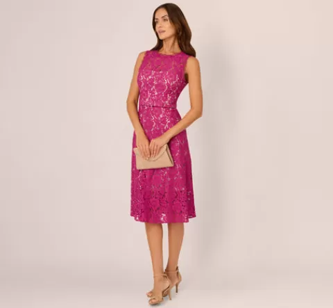 Adrianna Papell Sleeveless Lace Fit And Flare Dress With Sheer Details In ORCHID Flash Sale