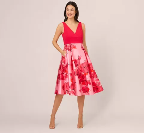 Adrianna Papell Sleeveless Midi Dress With Floral Printed Mikado Skirt In Pink Red Multi PINK-REDMULTI Best