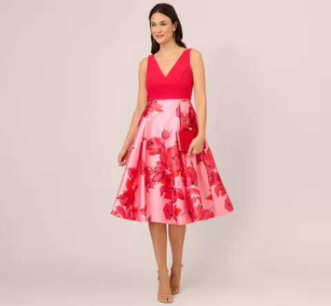 Adrianna Papell Sleeveless Midi Dress With Floral Printed Mikado Skirt In Pink Red Multi PINK-REDMULTI Best