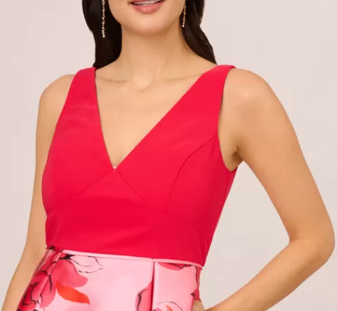 Adrianna Papell Sleeveless Midi Dress With Floral Printed Mikado Skirt In Pink Red Multi PINK-REDMULTI Best