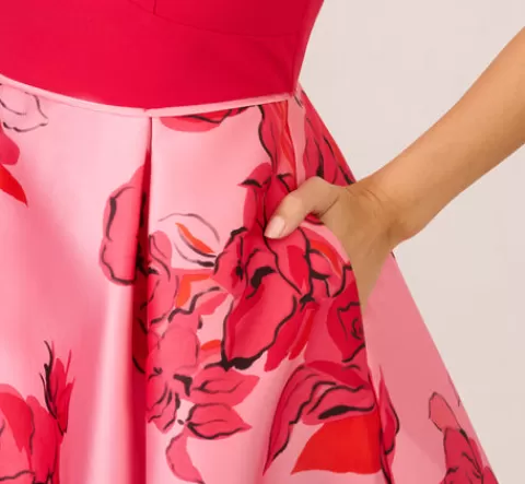 Adrianna Papell Sleeveless Midi Dress With Floral Printed Mikado Skirt In Pink Red Multi PINK-REDMULTI Best