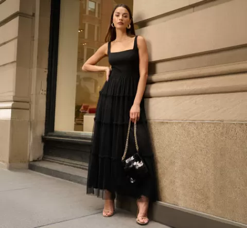 Adrianna Papell Sleeveless Midi Dress With Square Neck And Tiered Skirt In BLACK Store