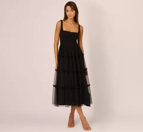 Adrianna Papell Sleeveless Midi Dress With Square Neck And Tiered Skirt In BLACK Store