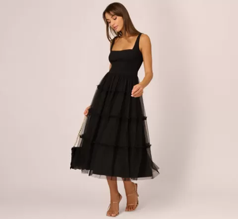 Adrianna Papell Sleeveless Midi Dress With Square Neck And Tiered Skirt In BLACK Store