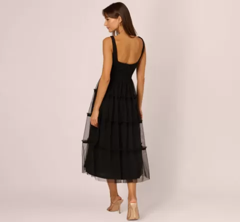 Adrianna Papell Sleeveless Midi Dress With Square Neck And Tiered Skirt In BLACK Store