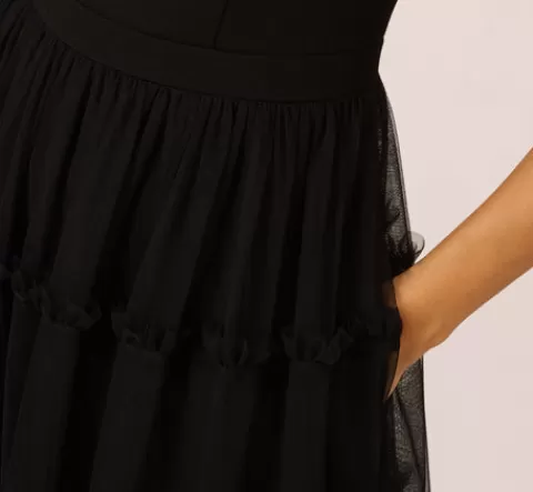 Adrianna Papell Sleeveless Midi Dress With Square Neck And Tiered Skirt In BLACK Store