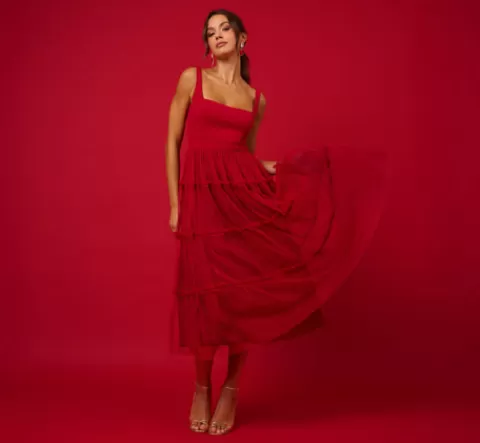 Adrianna Papell Sleeveless Midi Dress With Square Neck And Tiered Skirt In Matador Red MATADORRED Best
