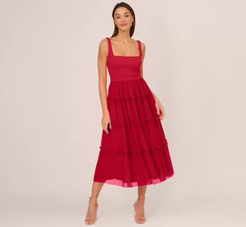 Adrianna Papell Sleeveless Midi Dress With Square Neck And Tiered Skirt In Matador Red MATADORRED Best