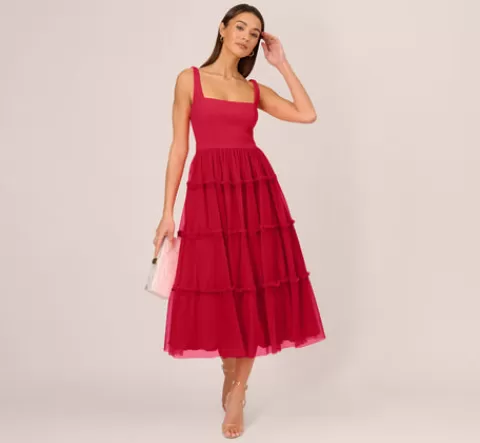 Adrianna Papell Sleeveless Midi Dress With Square Neck And Tiered Skirt In Matador Red MATADORRED Best