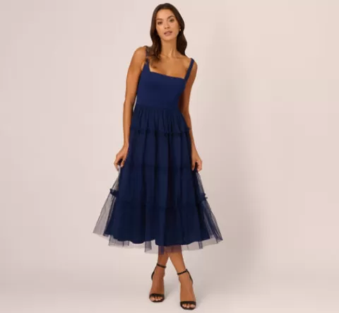 Adrianna Papell Sleeveless Midi Dress With Square Neck And Tiered Skirt In NAVY Best