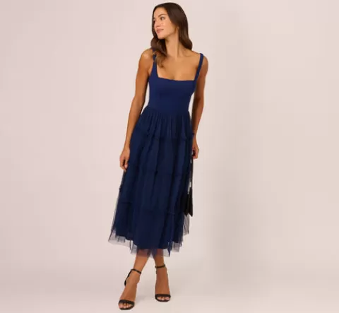 Adrianna Papell Sleeveless Midi Dress With Square Neck And Tiered Skirt In NAVY Best