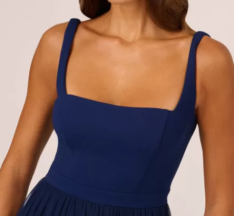 Adrianna Papell Sleeveless Midi Dress With Square Neck And Tiered Skirt In NAVY Best