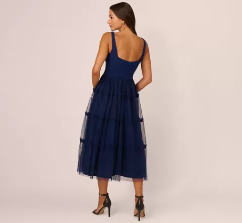 Adrianna Papell Sleeveless Midi Dress With Square Neck And Tiered Skirt In NAVY Best
