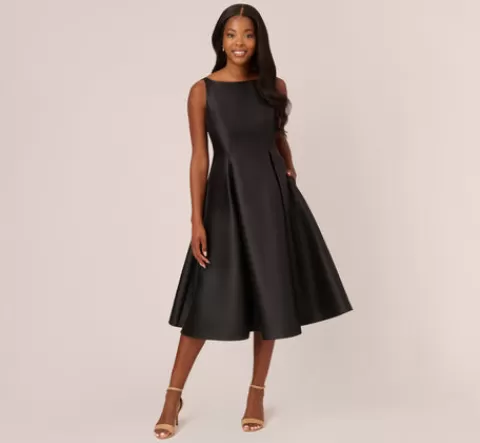 Adrianna Papell Sleeveless Mikado Fit And Flare Midi Dress With V-Back In BLACK Best