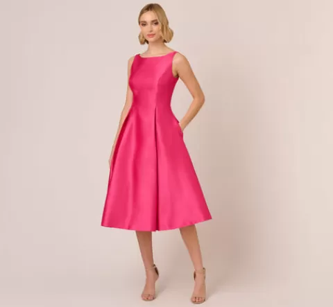 Adrianna Papell Sleeveless Mikado Fit And Flare Midi Dress With V-Back In Electric Pink ELECTRICPINK Cheap