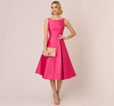 Adrianna Papell Sleeveless Mikado Fit And Flare Midi Dress With V-Back In Electric Pink ELECTRICPINK Cheap