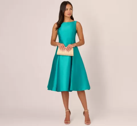 Adrianna Papell Sleeveless Mikado Fit And Flare Midi Dress With V-Back In Exotic Jade EXOTICJADE Clearance