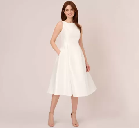 Adrianna Papell Sleeveless Mikado Fit And Flare Midi Dress With V-Back In IVORY Clearance