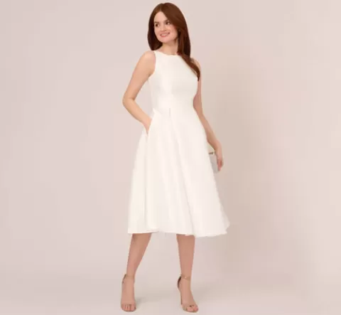 Adrianna Papell Sleeveless Mikado Fit And Flare Midi Dress With V-Back In IVORY Clearance