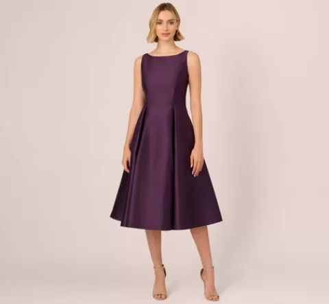 Adrianna Papell Sleeveless Mikado Fit And Flare Midi Dress With V-Back In Luxe Plum LUXEPLUM New