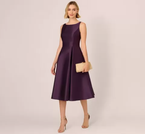 Adrianna Papell Sleeveless Mikado Fit And Flare Midi Dress With V-Back In Luxe Plum LUXEPLUM New