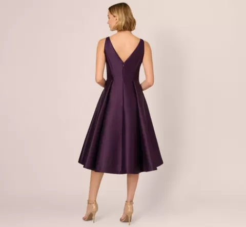 Adrianna Papell Sleeveless Mikado Fit And Flare Midi Dress With V-Back In Luxe Plum LUXEPLUM New