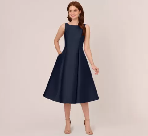 Adrianna Papell Sleeveless Mikado Fit And Flare Midi Dress With V-Back In MIDNIGHT Clearance
