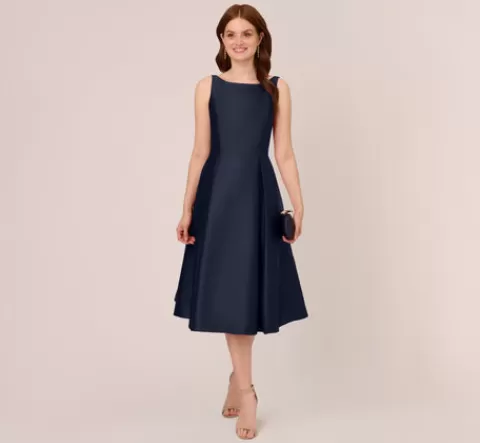 Adrianna Papell Sleeveless Mikado Fit And Flare Midi Dress With V-Back In MIDNIGHT Clearance