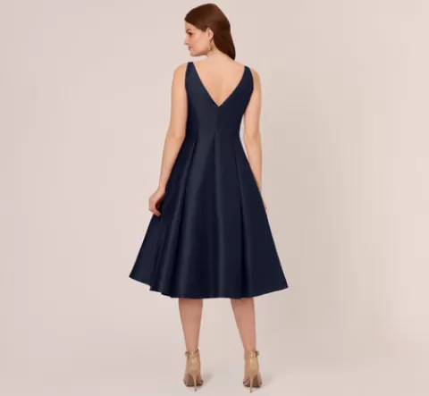 Adrianna Papell Sleeveless Mikado Fit And Flare Midi Dress With V-Back In MIDNIGHT Clearance