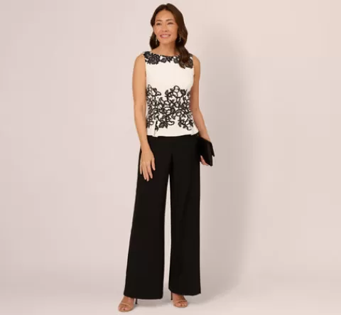 Adrianna Papell Sleeveless Peplum Jumpsuit With Scroll Lace Details In Ivory Black IVORY-BLACK Store