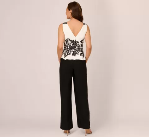 Adrianna Papell Sleeveless Peplum Jumpsuit With Scroll Lace Details In Ivory Black IVORY-BLACK Store
