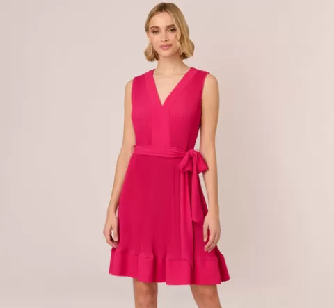 Adrianna Papell Sleeveless Pleated Dress With Self Tie Waist In Hot Pink HOTPINK Clearance