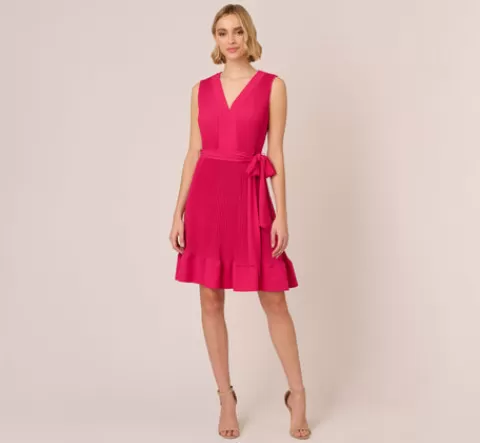 Adrianna Papell Sleeveless Pleated Dress With Self Tie Waist In Hot Pink HOTPINK Clearance