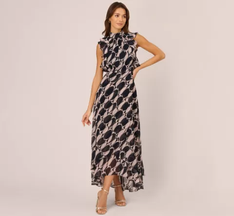Adrianna Papell Sleeveless Printed Maxi Dress With Ruffle Trim In Navy Blush NAVY-BLUSH Best Sale