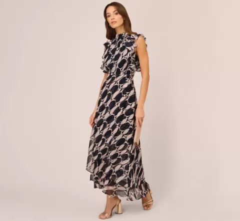 Adrianna Papell Sleeveless Printed Maxi Dress With Ruffle Trim In Navy Blush NAVY-BLUSH Best Sale