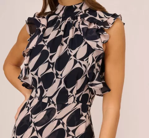 Adrianna Papell Sleeveless Printed Maxi Dress With Ruffle Trim In Navy Blush NAVY-BLUSH Best Sale