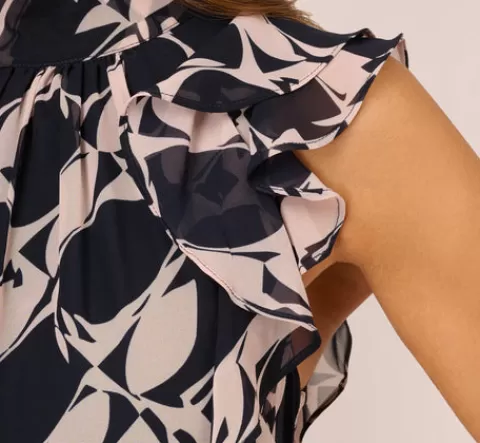 Adrianna Papell Sleeveless Printed Maxi Dress With Ruffle Trim In Navy Blush NAVY-BLUSH Best Sale