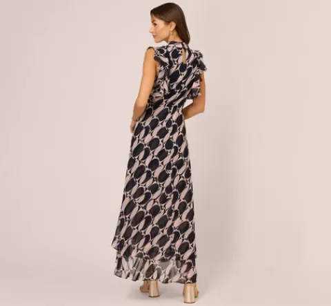 Adrianna Papell Sleeveless Printed Maxi Dress With Ruffle Trim In Navy Blush NAVY-BLUSH Best Sale