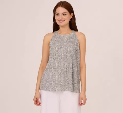 Adrianna Papell Sleeveless Printed Trapeze Top With Crinkle Details In Ivory Navy Ditsy Leafy Vine IVORY-NAVYDITSYLEAFYVINE Discount